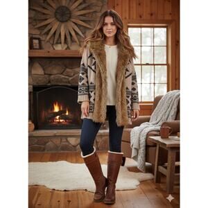 Fair Isle Knit Cardigan Faux Fur Collar Southwestern Pattern Apres Ski Size M